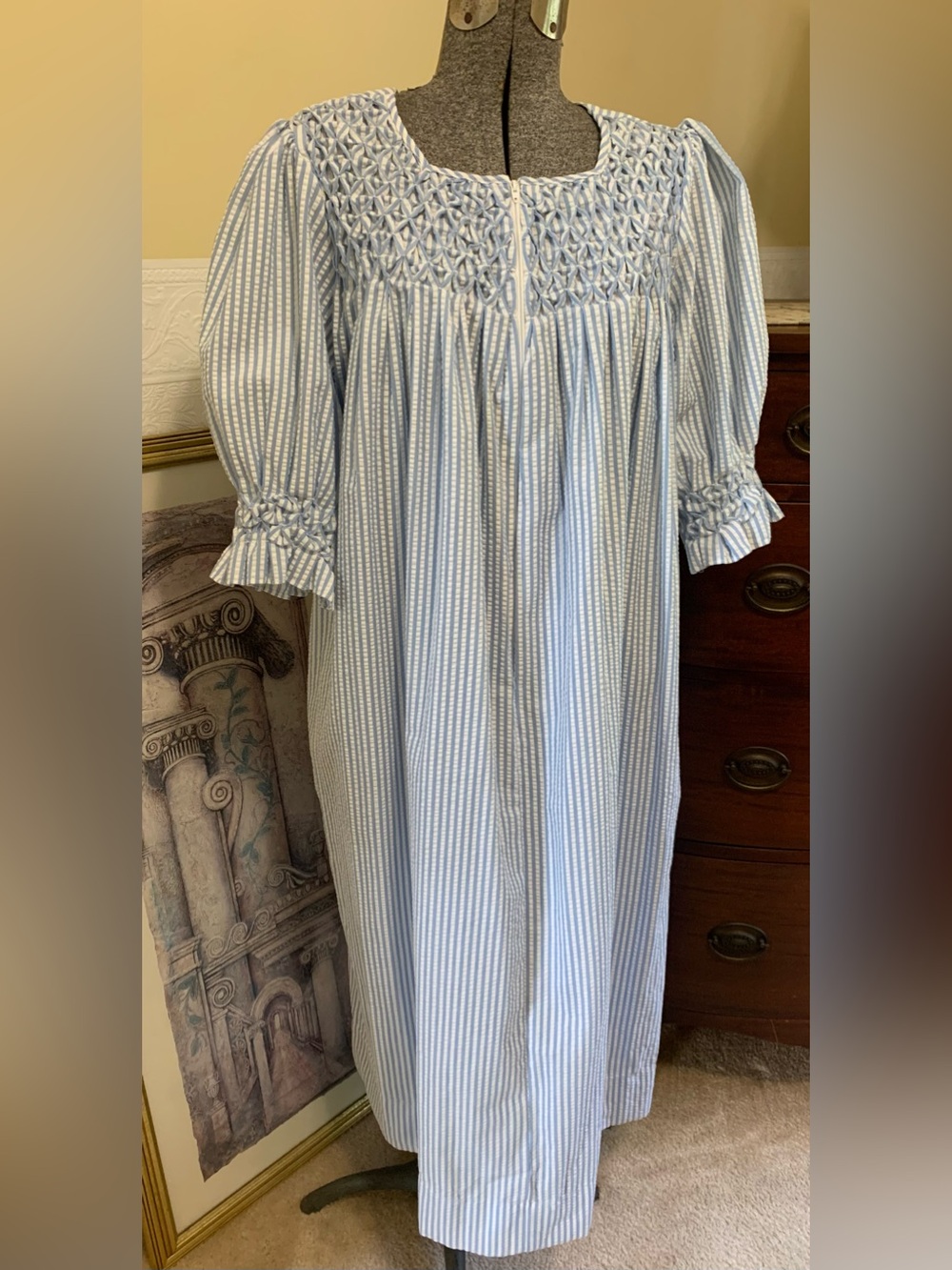 Vintage House Dress Blue & White Striped Women’s Size Medium